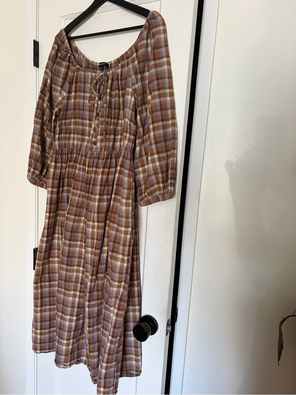 Madewell Plaid Peasant Midi Dress in Brown and Cream